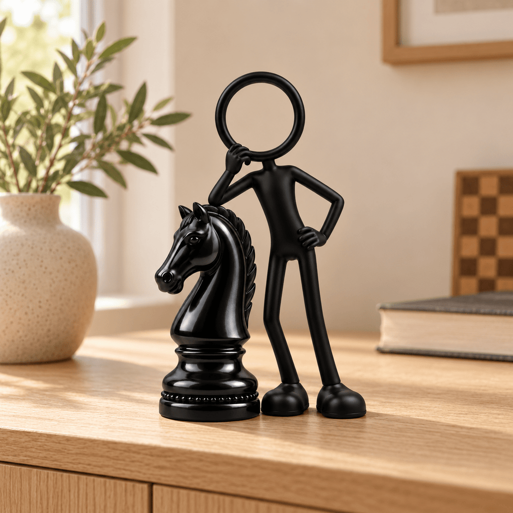 Zwarte Stickyman Schaakstrateeg met groot schaakpaard in een warm interieur
