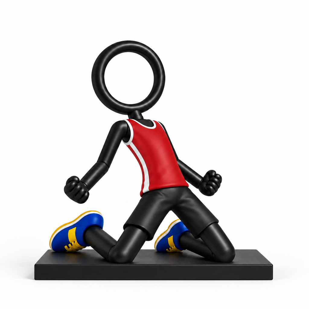 Full-colour Stickyman voetballer knieschuiver van 15 cm met 1 cm voetstuk