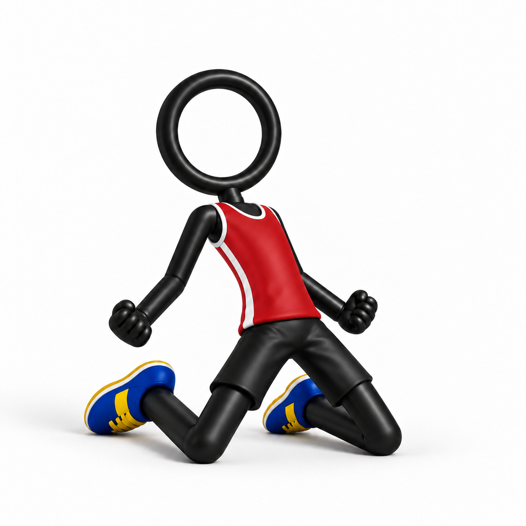 Stickyman voetballer knieschuiver met rood shirt in sterke pose op witte achtergrond