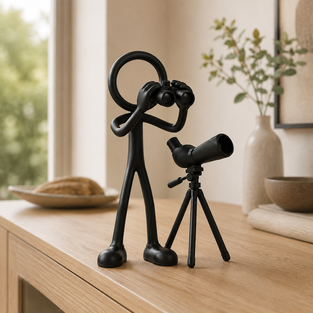 Stickyman vogelspotter met telescoop in een licht Scandinavisch interieur