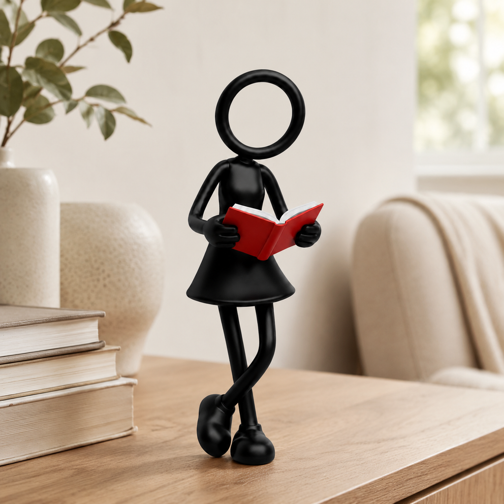 Vrouwelijke Stickyman boekenlezer met rood boek in een warme Scandinavische leeshoek.