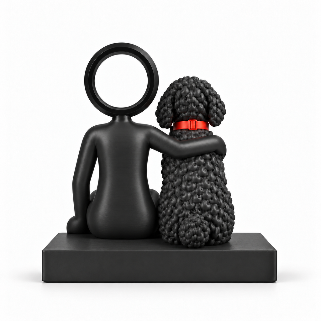 Achterzijde van de zittende Stickyman met zijn arm om de hond.