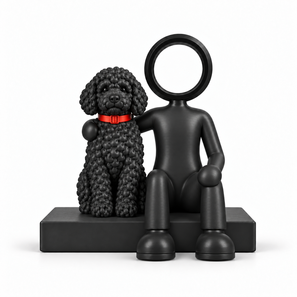 Voorzijde van een zittende zwarte Stickyman met hond op een rechthoekig voetstuk.